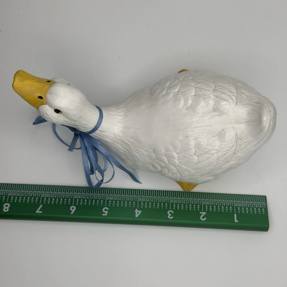 Vintage Ceramic Goose Figurine Blue Ribbon Bow Farmhouse Country Decor 4.5x8